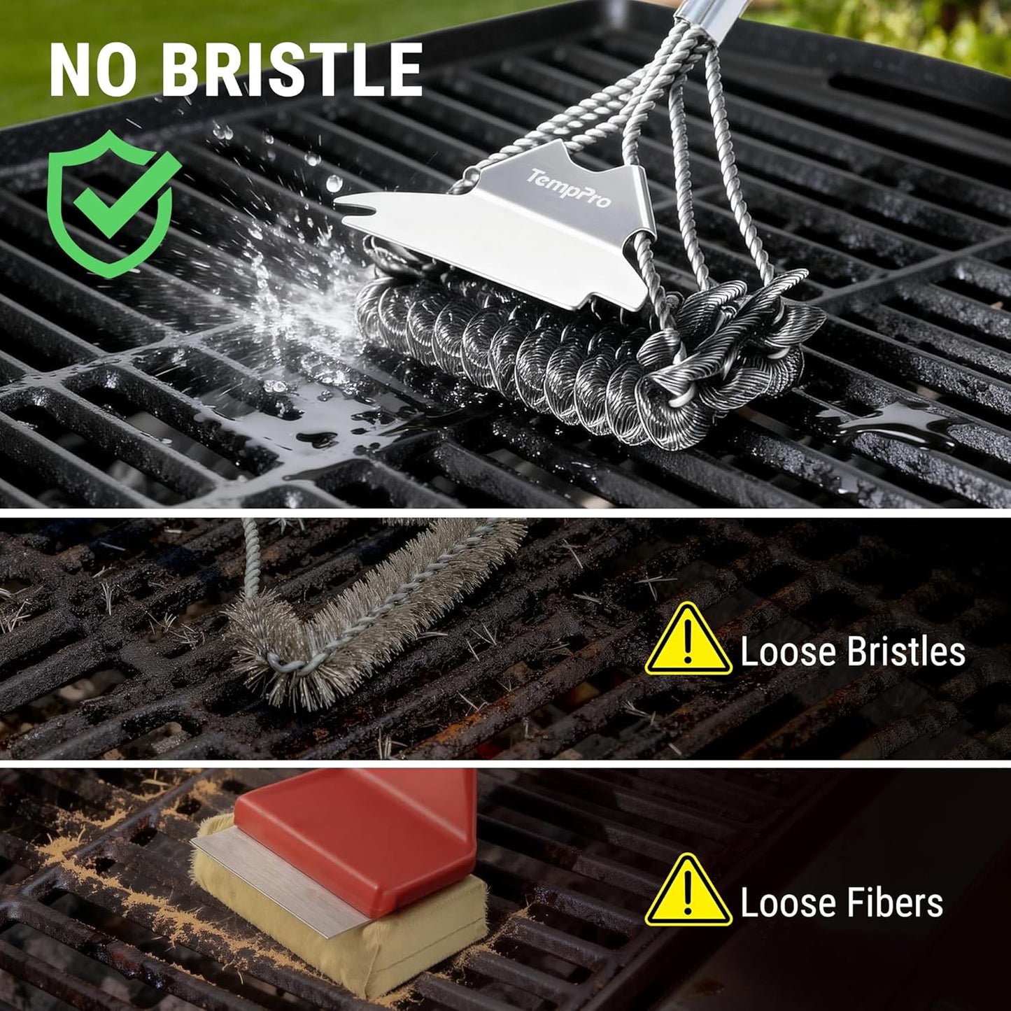 TempPro BBQ Grill Brush - Bristle-Free Stainless Steel Cleaner for Safe Grilling | Perfect BBQ Accessory