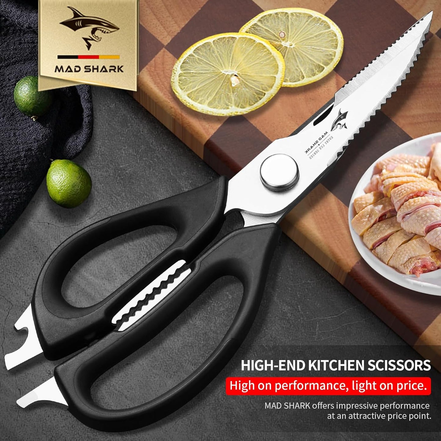 MAD SHARK Kitchen Scissors - Heavy Duty Stainless Steel Utility Shears with Comfort Grip | Black