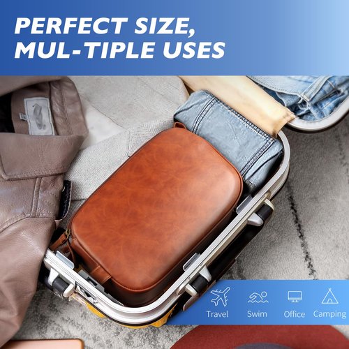 HOTOR Travel Toiletry Bag - Water Resistant Travel Essentials for Women and Men, Compact Leather Toiletries Organizer with Handle, Versatile Cruise Ship Essentials, Brown, Medium
