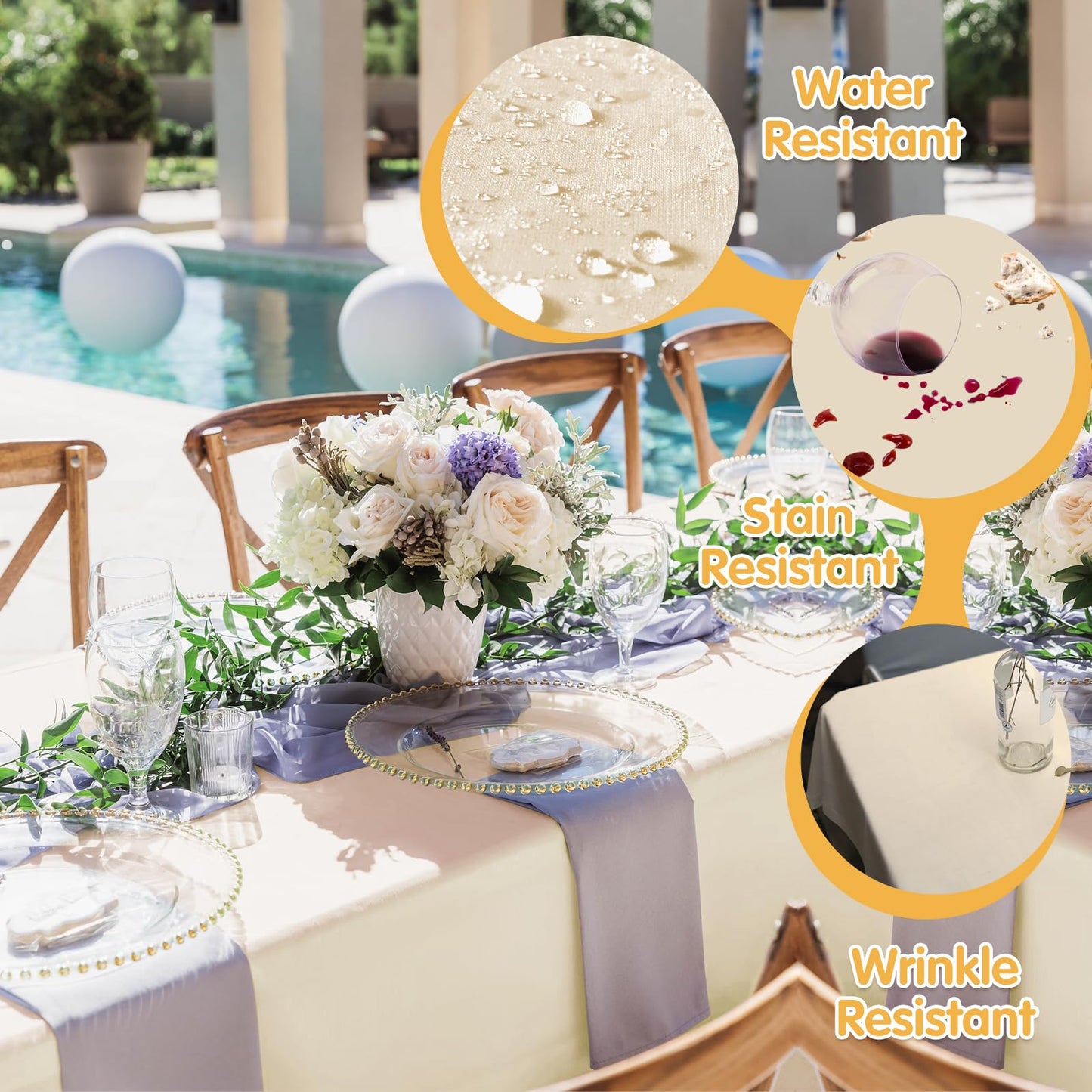 BRILLMAX 6 Pack Beige Tablecloths 60 x 102 Inch for 6ft Rectangle Tables - 150 GSM Polyester Fabric, 15" Standard Drop, Water, Stain & Wrinkle Resistant Cloth Cover for Wedding Banquet Dining Buffet