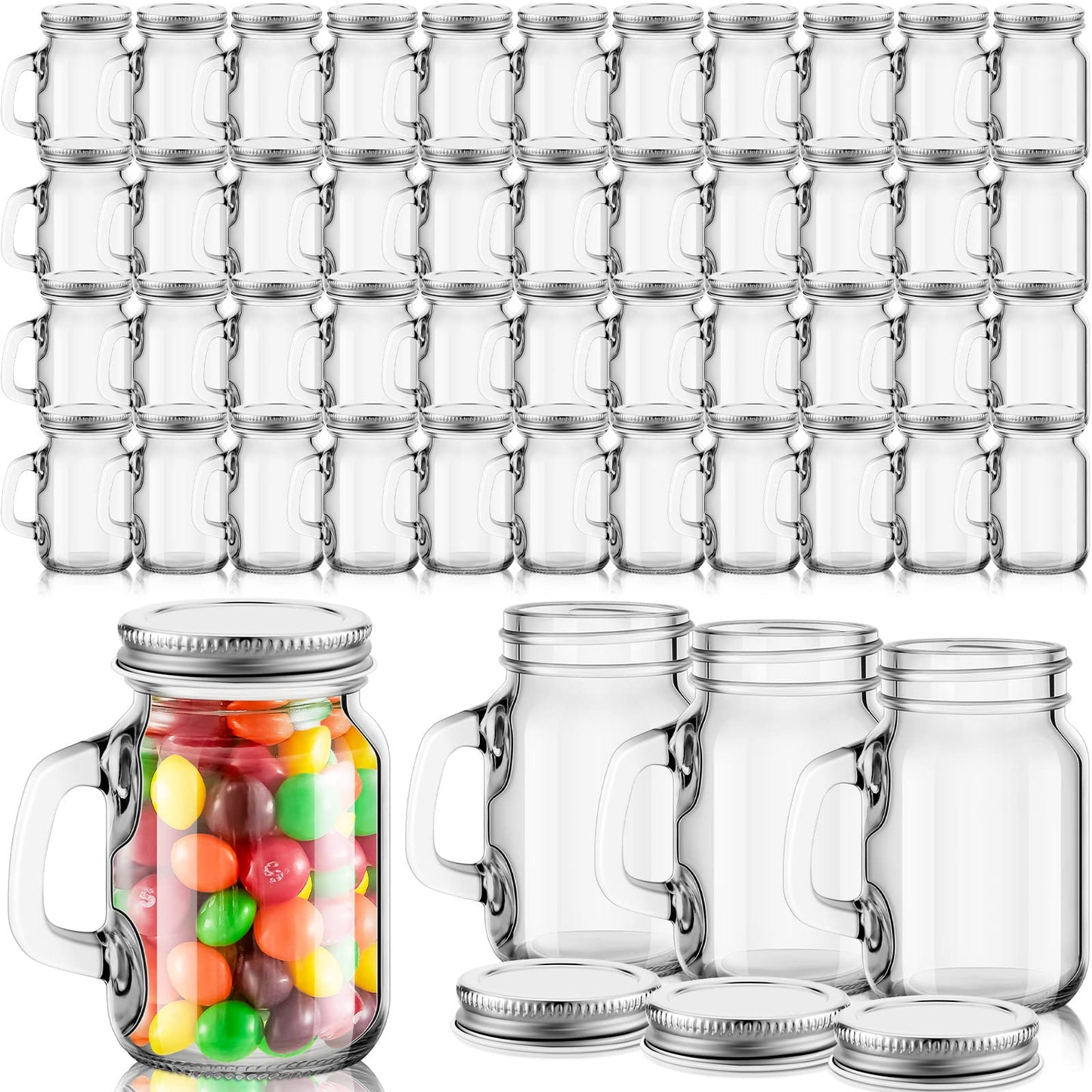 Tessco for you 48 Pcs 4 oz Mini Mason Jars with Lids and Handles Small Glass Mason Canning Jars Mugs Cup for Jams, Jelly, Honey, Spices, Dried Snacks, DIY Crafts, Shower Wedding Favors