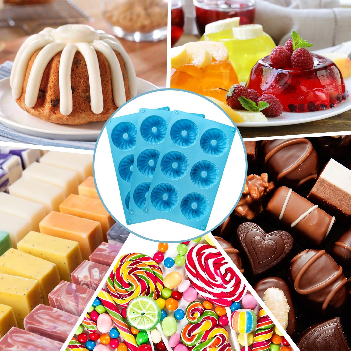 Palksky 3PCS 6-Cavity Mini Fluted Tube Pan Silicone Non-Stick Multi-Cavity small Cake Baking Pan, mini moldes para chocoflan