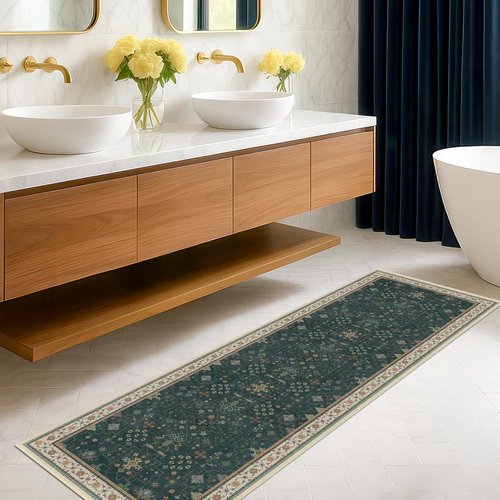 Hazo Haus Vintage 2x7 Washable Runner Rug - Non-Slip, Stain Resistant, Dark Green Floral Design for Kitchen & Hallway