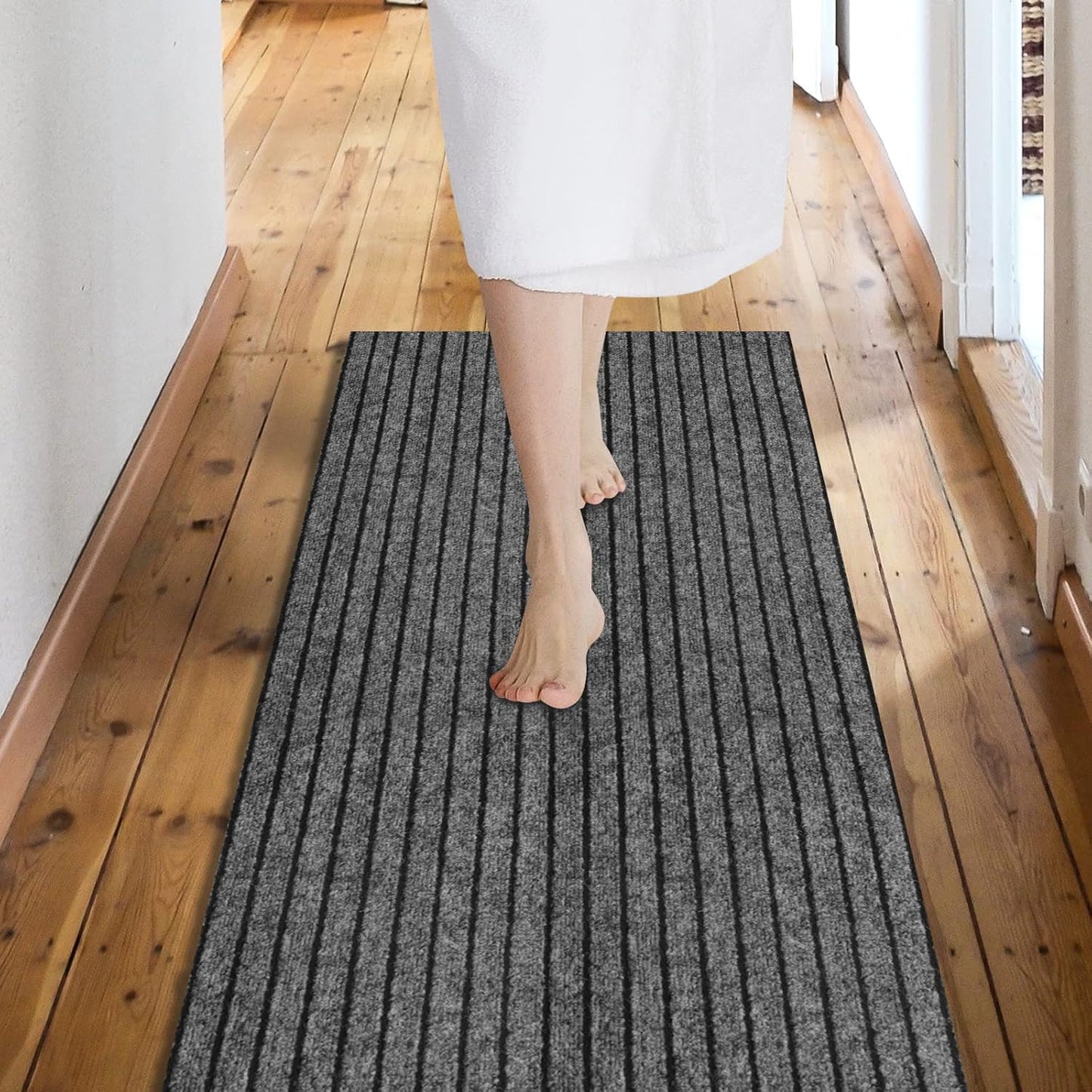 Skiennix Non-Slip Area Rug Runner - Easy Clean Waterproof Design for Hallway & Kitchen | 2FT x 6FT Gray Stripe