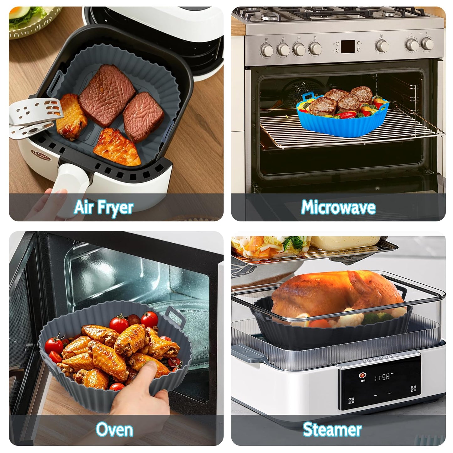 Komzon Silicone Air Fryer Liners Reusable 3 PCS, Airfryer Liners, Silicone Air Fryer Basket Liners Square, Food Grade AirFryer Accessories 4-7 QT, Ktchen Gadgets for Pot Oven Liner Baking Tray Pan