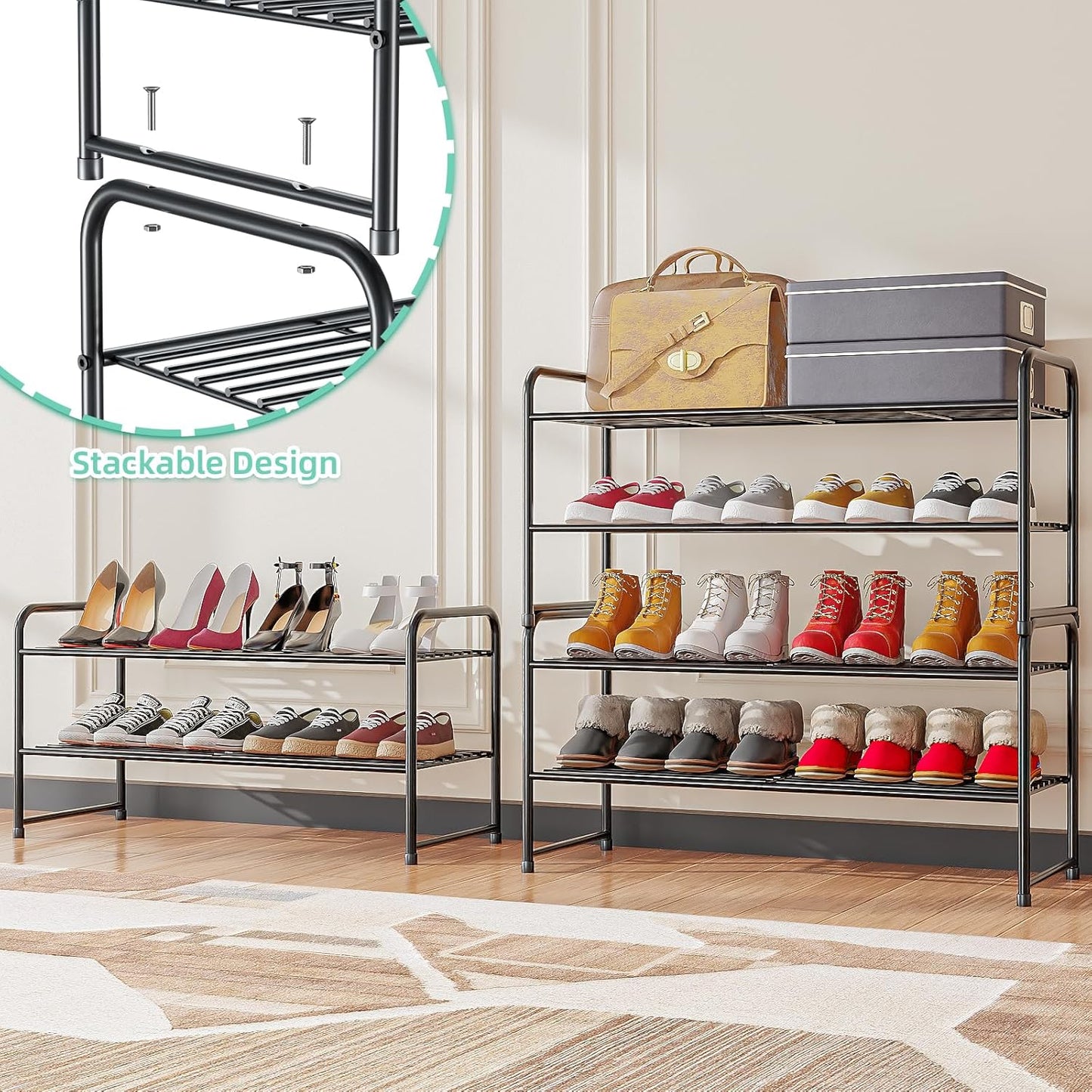 SUFAUY Shoe Rack - 2-Tier Heavy Duty Metal Organizer | 33" Wide, Stackable, Black Finish