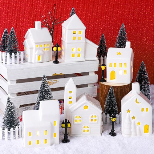 Fovths Christmas Village Set - 37-Piece Lighted Porcelain Houses with Remote Control LED Tealights | Winter Decor