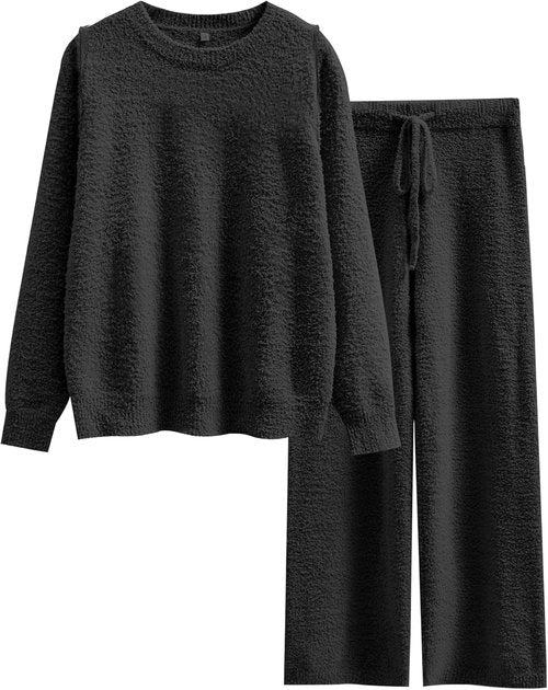 ANRABESS Women's Fuzzy Fleece Pajama Set - Cozy Long Sleeve Top & Wide Leg Pants | Fall Winter 2025