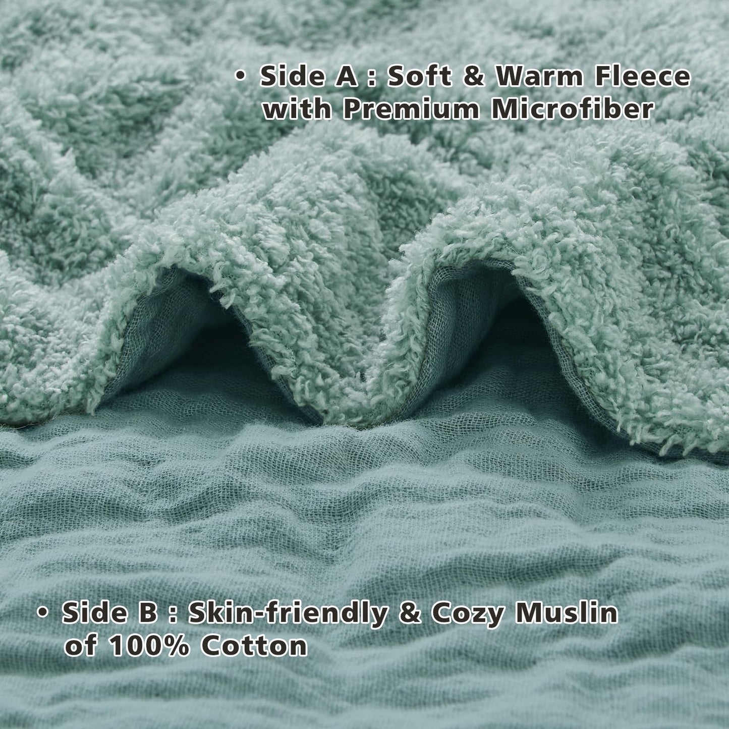 EMME Muslin Cotton Fleece Queen Blanket Reversible - 80"*90" Teal Soft Warm Throw Blankets for Couch Bed Picnic Travel Bed