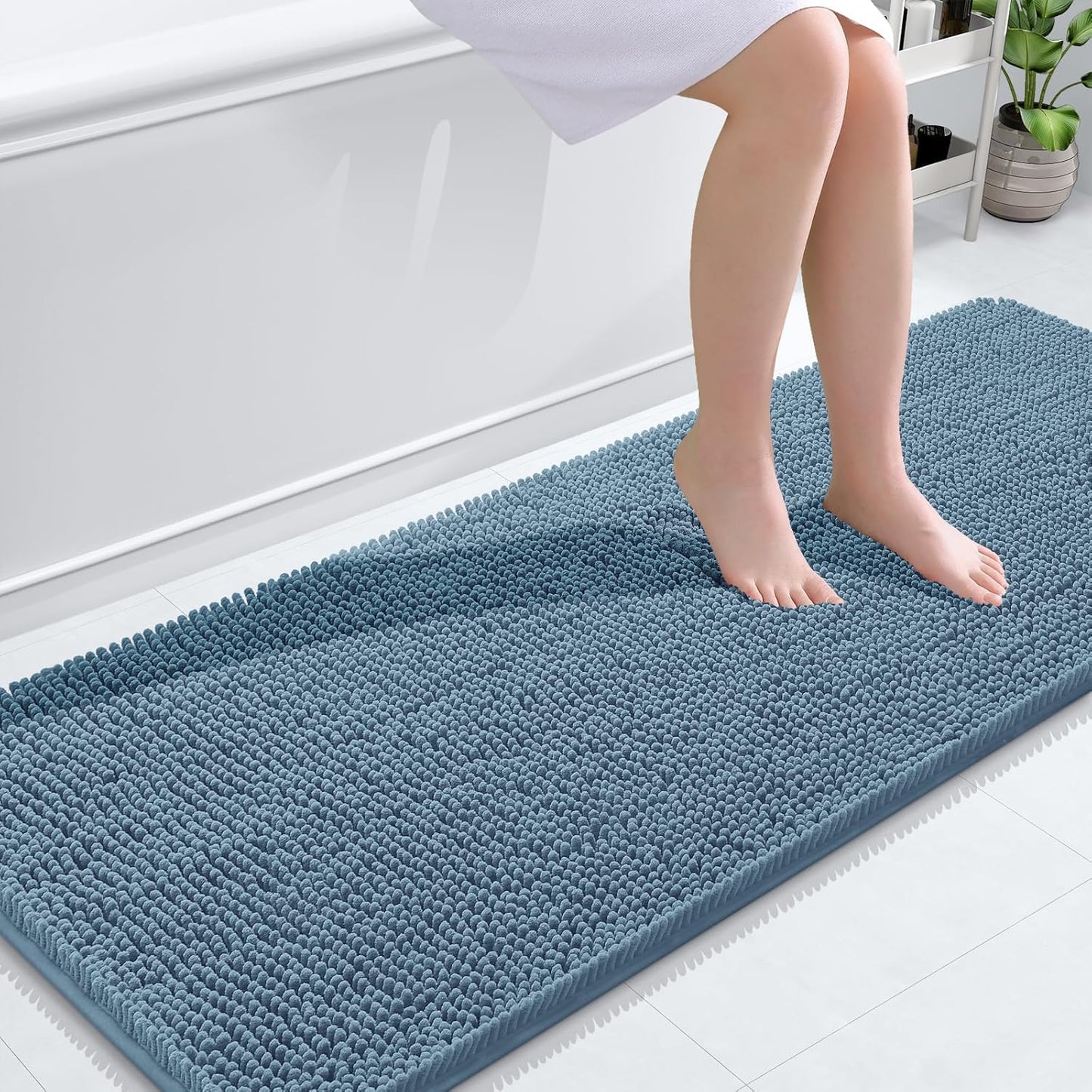 OLANLY Bathroom Runner Rug - Soft Absorbent Chenille with Rubber Backing | Quick Dry, 59x20, Airy Blue