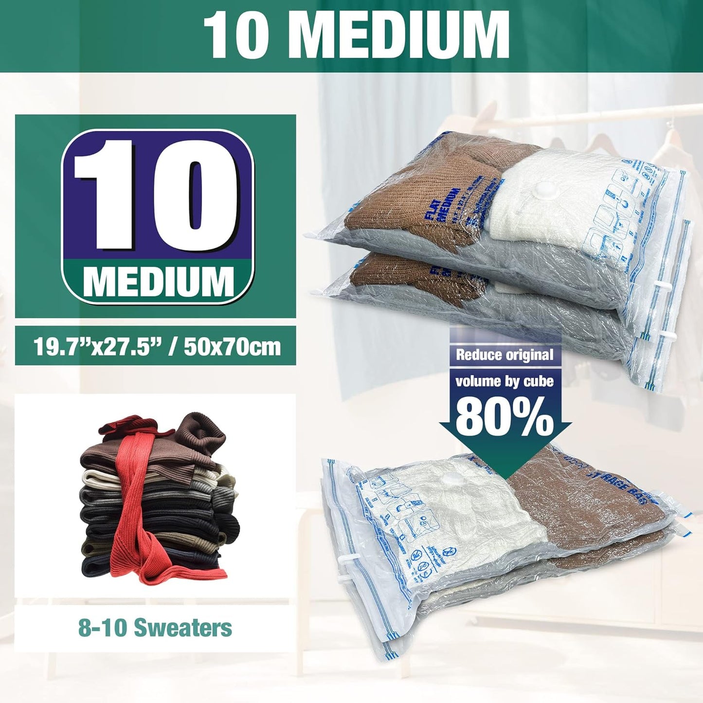 Skiennix Vacuum Storage Bags - 10 Medium Space Saver Seal Bags with Travel Hand Pump