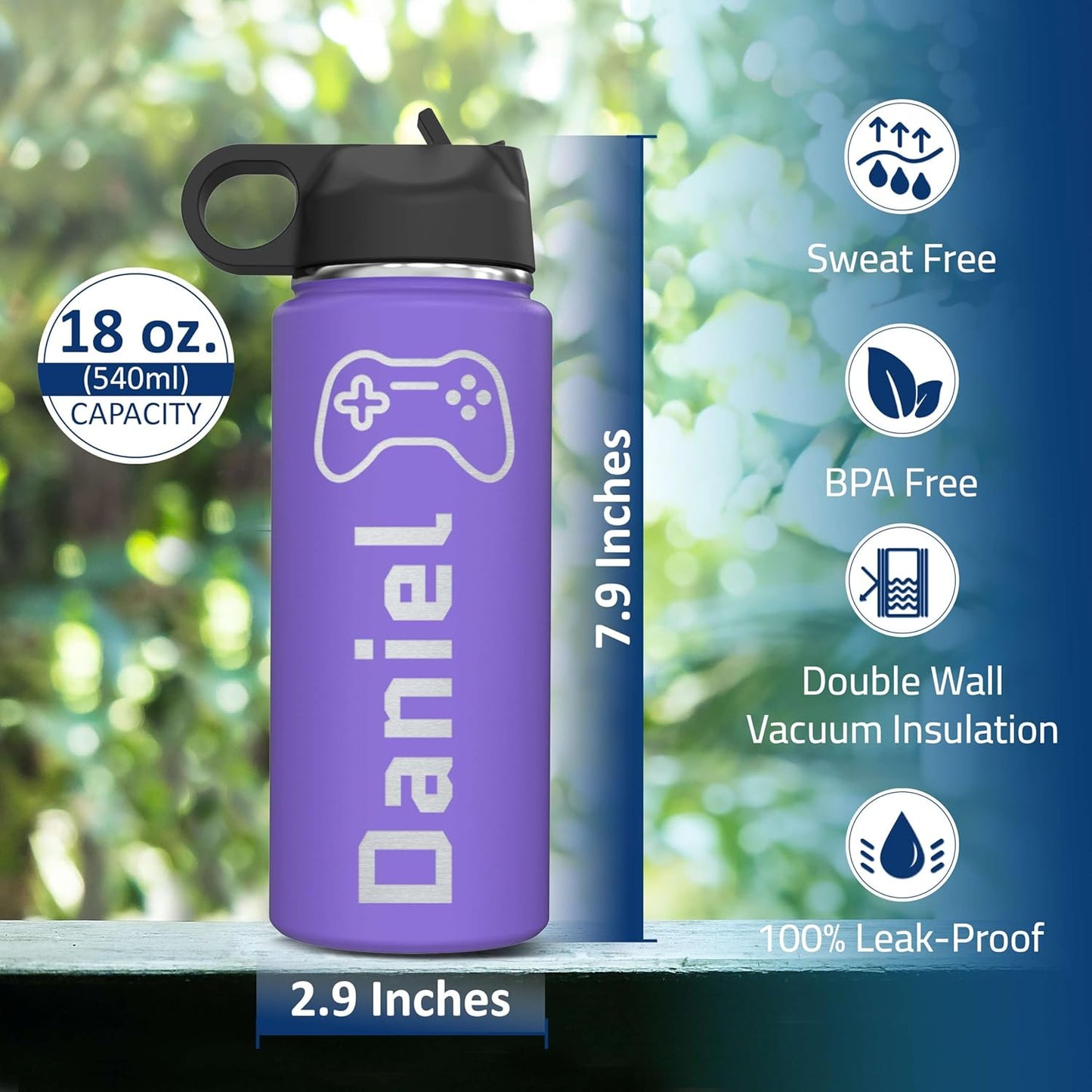 Skiennix Personalized Boys Name Insulated Stainless Steel Water Bottle - Custom Engraved 18 oz with Flip Top Lid & Straw