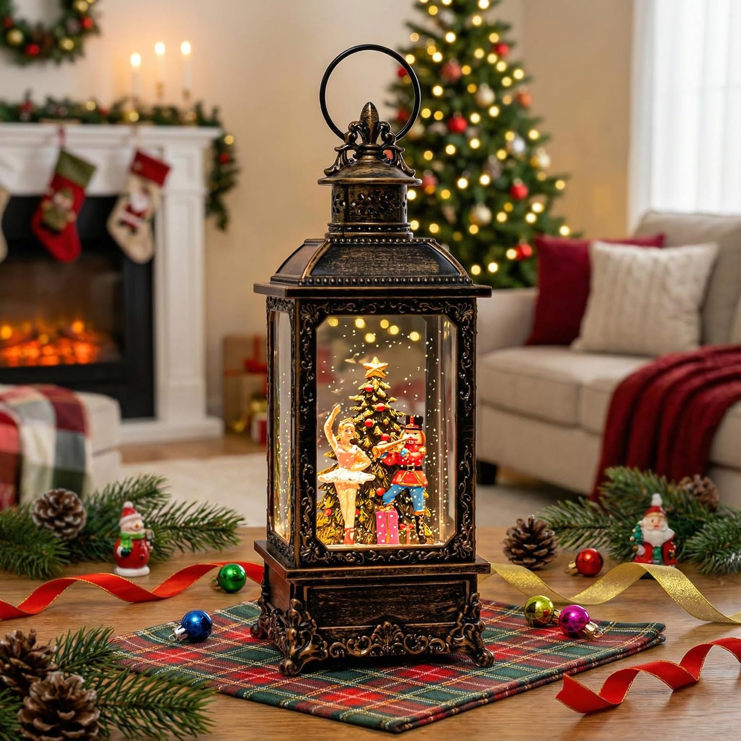 VISFLAIR Christmas Snow Globe Lantern - Musical Nutcracker & Ballerina with Glittering Lights | Battery or USB Powered