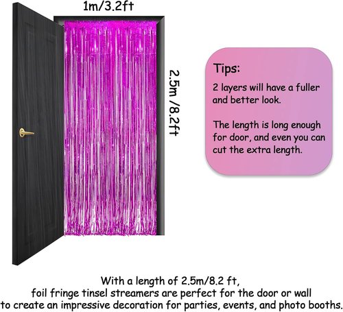 GREATRIL Magenta Tinsel Curtain Backdrop - Foil Fringe Streamers for Bachelorette & Bridal Showers | 2 PCS