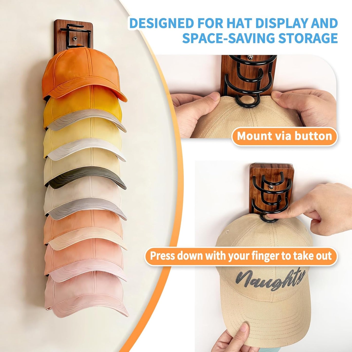 Skiennix Hat Organizer - 2 Pack Wall-Mounted Rack for 22 Baseball Caps | Wood & Metal Design in Brown