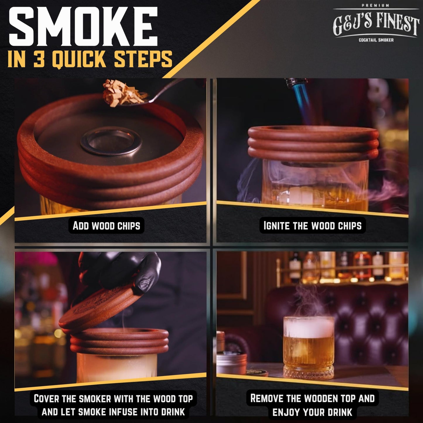 Whiskey Smoker Kit with QuadTorch, 6 Wood Chips, & Wood Box for Smoking Drinks| Cocktail Smoker Kit| Bourbon Smoker Kit| Old Fashioned Smoker Kit| Smoked Whisky Gift for Father's Day (No Butane Incl.)
