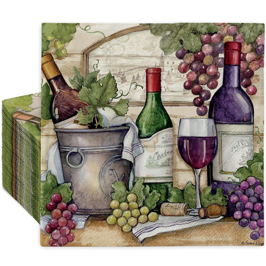 JarThenaAMCS 100Pcs Paper Napkins Vintage Red Wine Glass Disposable Luncheon Napkin Grapes Vineyard Dessert Dinner Hand Napkin for Drinks Theme Party Supplies