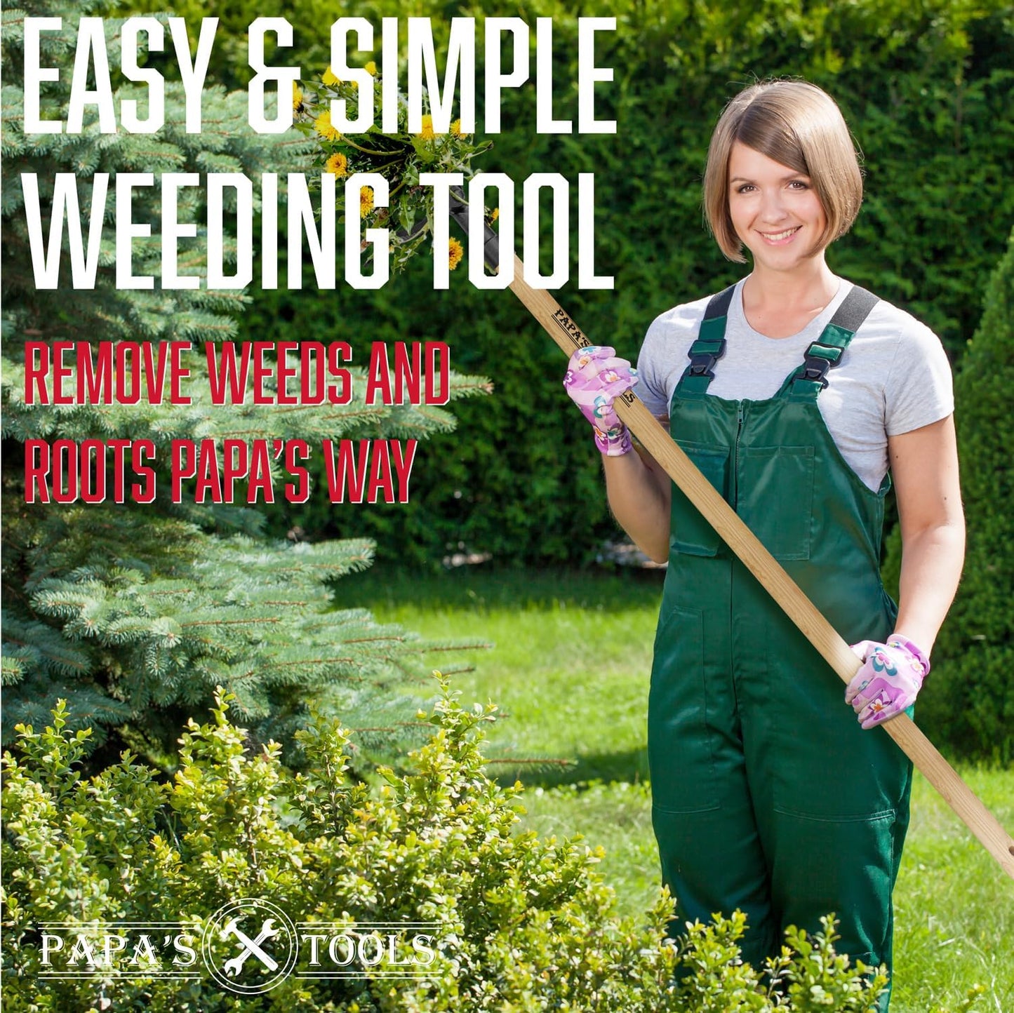 Papa's Tools Weeder - Stand-Up Weed Puller with Long Bamboo Handle & 4-Claw Steel Head | Effortlessly Remove Weeds