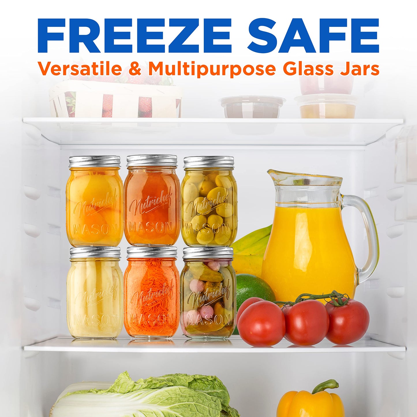 NutriChef 6-Pack 16 oz Mason Jars with Lids - Thick Glass Canning Jars with Stainless Steel Lids - Ideal for DIY Spices, Meal Prep, Overnight Oats, Jelly, Jam, Honey, Candles, Crafts, & More