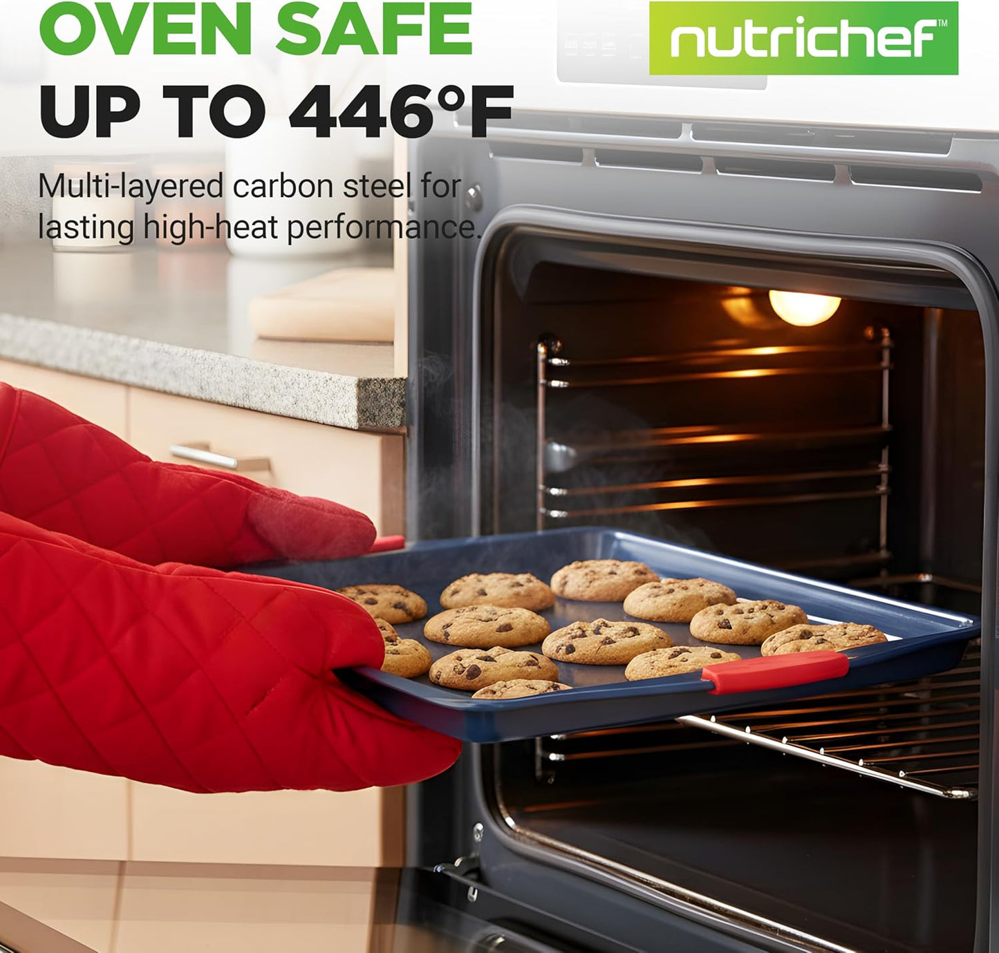 NutriChef Nonstick Cookie Sheets - Premium Carbon Steel Baking Trays with Silicone Handles | Set of 3 - Blue