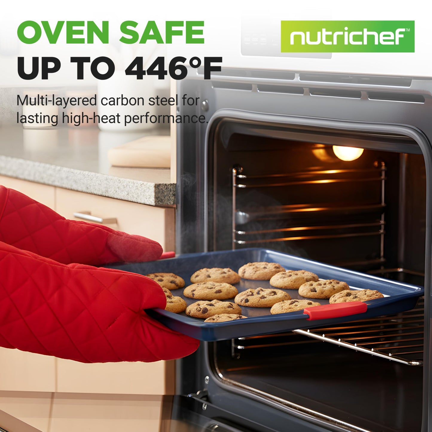 NutriChef 3-Piece Nonstick Cookie Sheets for Baking - Premium Carbon Steel Baking Trays w/ Non-Stick Smooth Coating & Silicone Handles - Large, Medium, & Small Bakeware - Blue