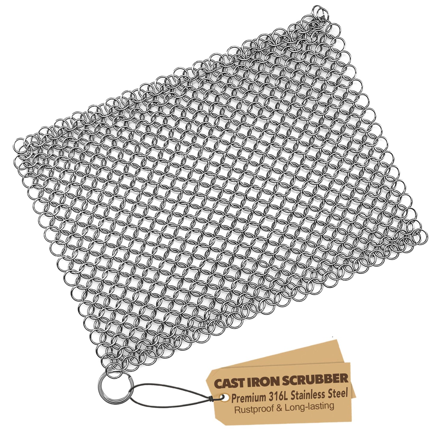 TOPULORS Cast Iron Scrubber 316 Stainless Steel Skillet Cleaner 8"x6" Chainmail Scrubber Scraper Chain Mail Link Scrub for Cast Iron Pre-Seasoned Pans, Griddles, BBQ Grills, and Pot Cookware Cleaning