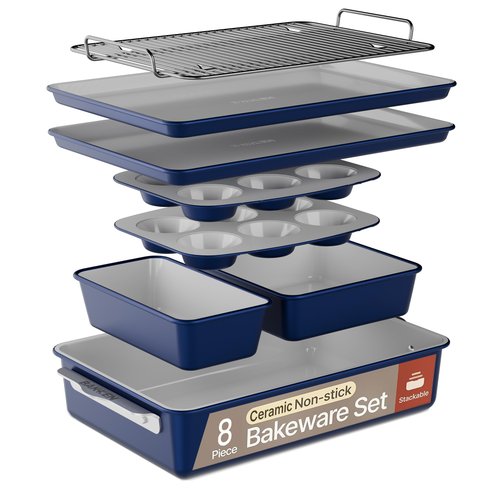 Bakken 8-Piece Stackable Bakeware Set – Ceramic Non-Stick, Oven-Safe Baking Sheets & Pans, PTFE/PFOA/PFOS-Free, Ergonomic Handles, Includes Cooling Rack – Healthy, Non-Toxic Baking Essentials