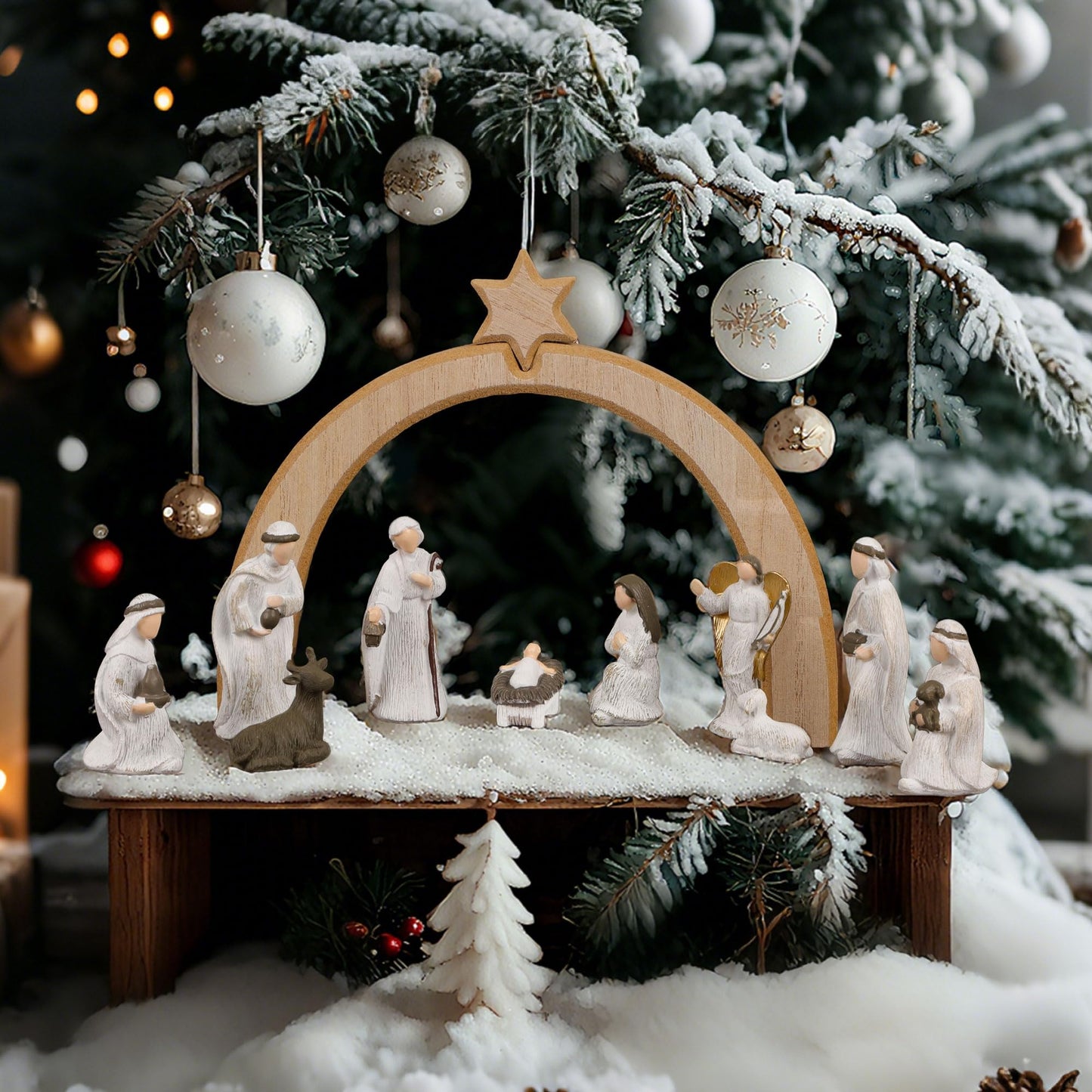 Treewoll 11 Pcs Christmas Scene Nativity Set, Holy Family Scene with Wooden Arched Stable and Resin Figurines Including Baby Jesus, Mary, Joseph and More, Religious Collections for Home Tabletop Decor