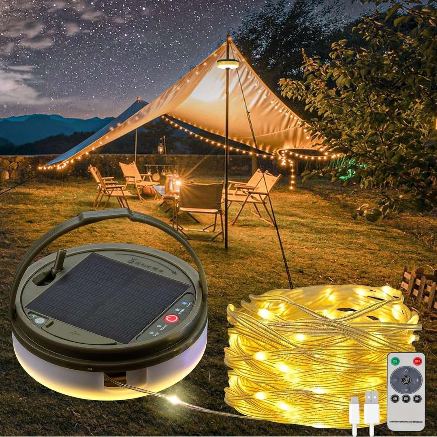Skiennix Solar Camping String Lights - 39.4 FT Waterproof Fairy Lights with 8 Lighting Modes | Portable LED Lantern for Outdoor Parties