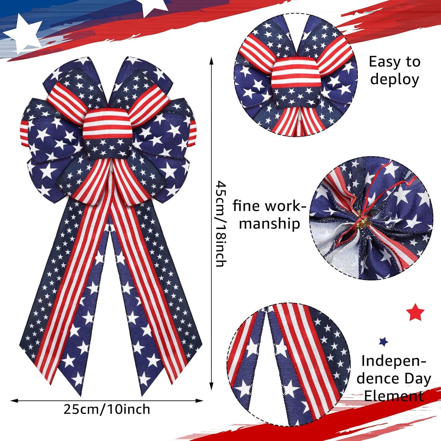 Riceshoot Patriotic Burlap Bows - 4th of July Tree Topper | USA Red, White & Blue Stars - 2 Pcs Set