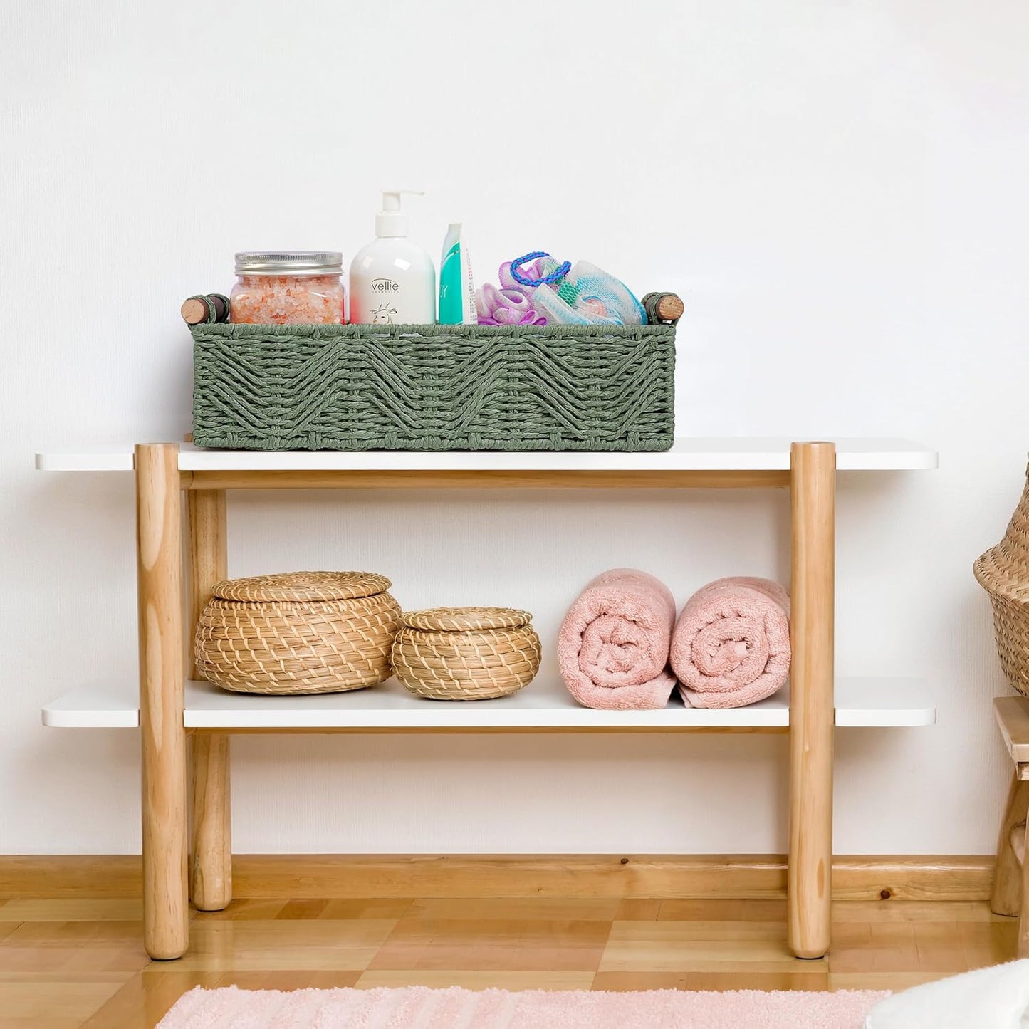 Skiennix Bathroom Baskets - Decorative Organizing Storage with Handle | Green Countertop Set