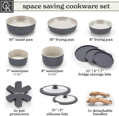 Country Kitchen Cookware Set - Removable Handle, Oven & RV Safe Pots and Pans, Grey/Ivory