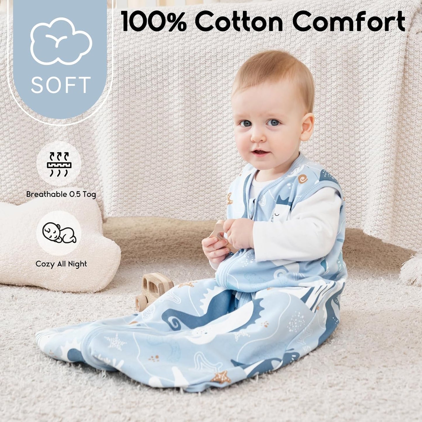 Yoofoss Baby Sleep Sack - 0-6 Months 0.5 Tog Wearable Blanket | 3-Pack Organic Cotton, Lightweight Design