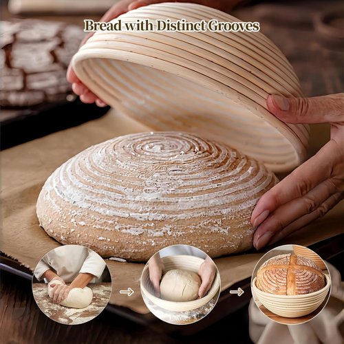Banneton Bread Proofing Basket Set - 9-Inch Round Natural Rattan with 4 Linen Liners | Ideal for Sourdough Baking