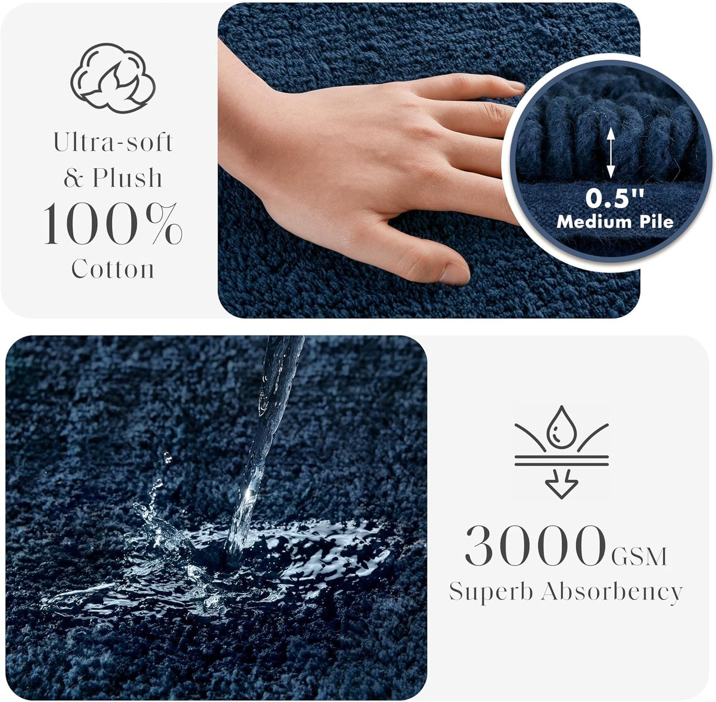 Madison Park Splendor Reversible Cotton Tufted Bathroom Rug - Luxurious 3000 GSM Plush Mat, 20x30 Navy