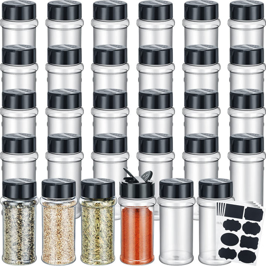 Eccliy 36 Pack 3 oz Clear Plastic Spice Jars with Label and Shaker Lids Empty Spice Bottles Seasoning Containers Seasoning Jars Shaker Condiment Pots for Spice Pepper Herbs Powders (Black)