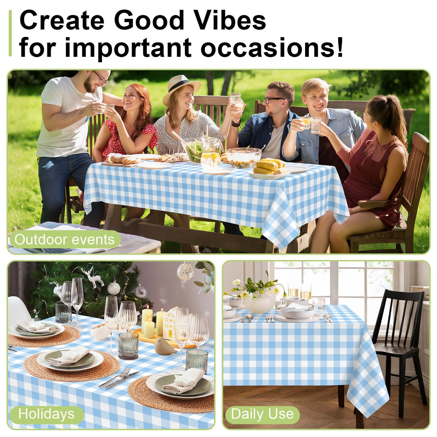 QIKSION Light Blue Gingham Tablecloth Disposable 2 Pack, 54 x 108 Inch Blue and White Checkered Table Cloth for Baby Shower, Easter Decorations, Birthday Party, Rectangle, Plastic Table Cover