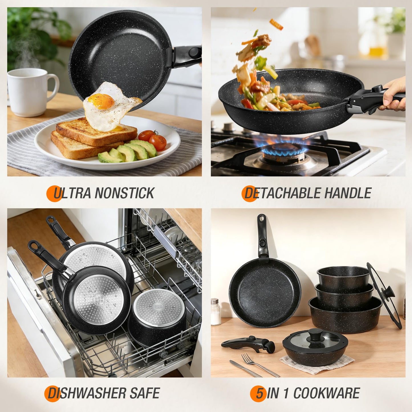 UMETRE pots and Pans Set, Nonstick Cookware Set Detachable Handle, Induction Kitchen Cookware Sets with Removable Handle, Non Stick RV Cookware Set, Dishwasher ＆ Oven Safe (9 PCS)