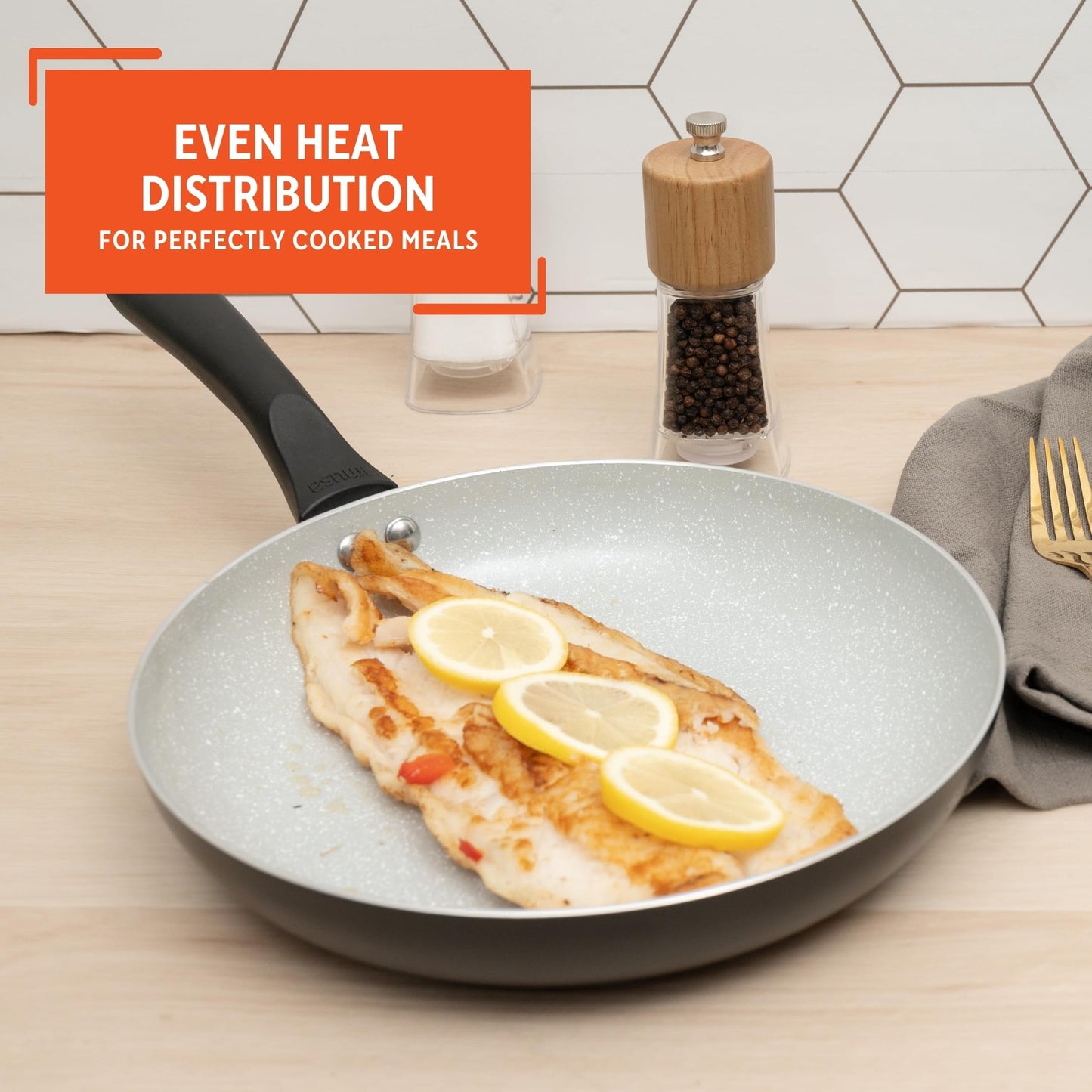 IMUSA Premier Ceramic Nonstick Frying Pan 9.5 in Aluminum Skillet with Cool Touch Handle Gray Speckled Coating Matte Black PTFE-Free Dishwasher Safe for Healthy Cooking