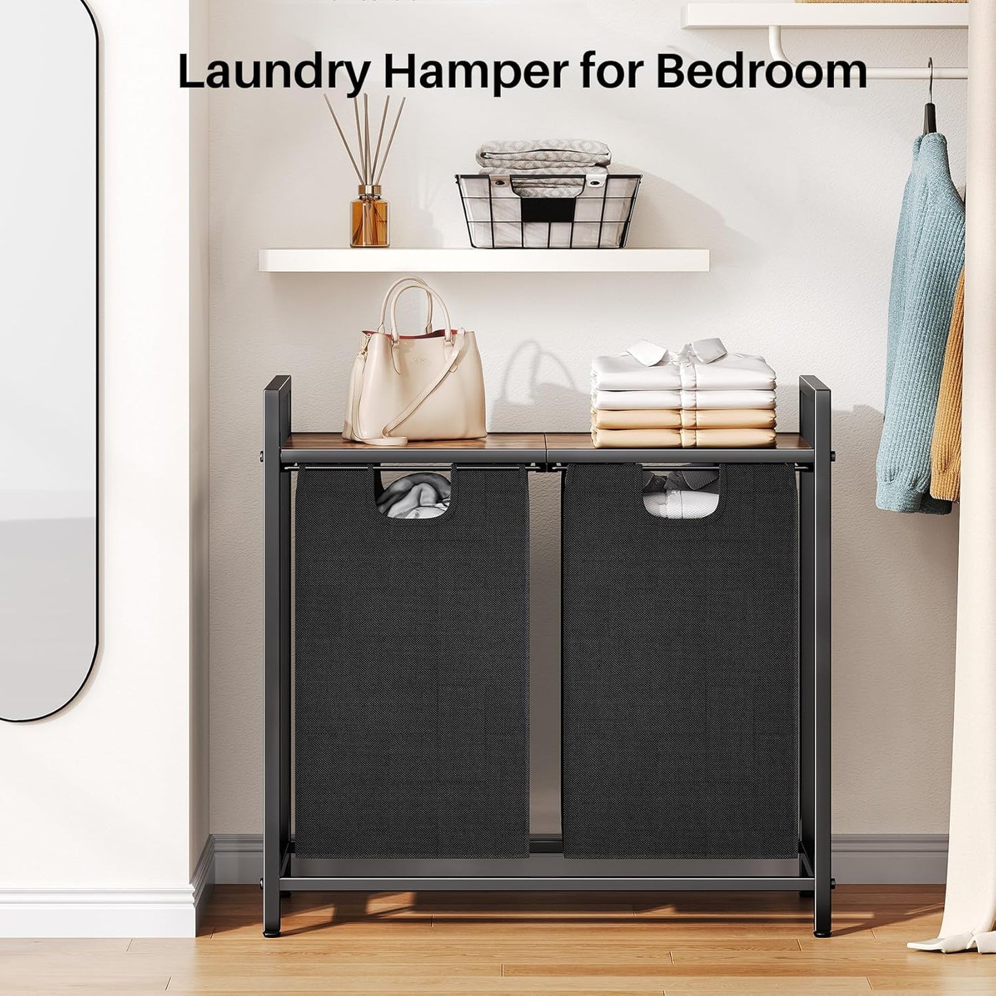 Kitstorack Laundry Basket Organizer - Hamper with Shelf & 2 Removable Bags | 2 x 11.8 Gallons (44.5L)
