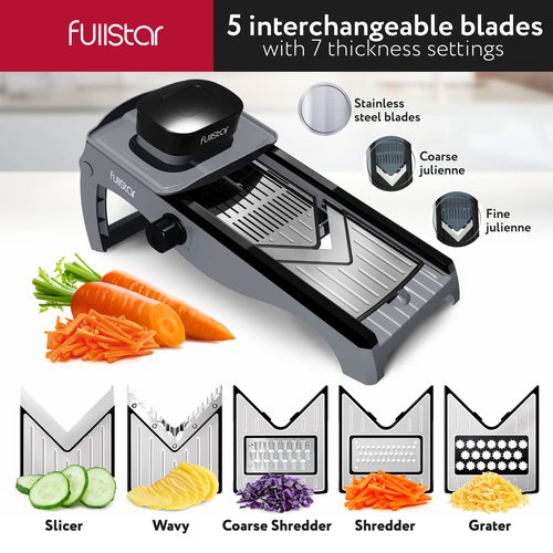 Fullstar Mandoline Slicer for Kitchen – Stainless Steel Vegetable Cutter & Cheese Grater with Adjustable Blades, Safety Glove & Catch Tray Included (7-in-1, Silver)