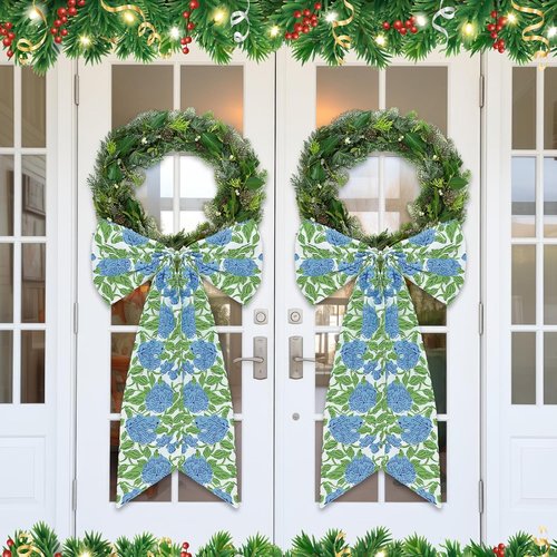 HunnmingRe Hydrangea Bow Wreath Sash - 24 x 16 Inch Holiday Floral Decor for Front Door | Blue Green