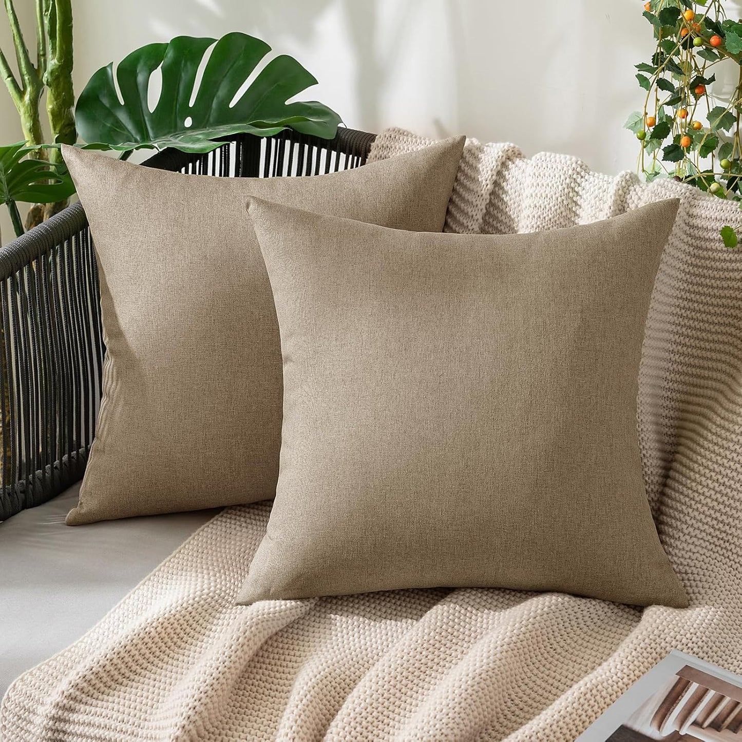 MIULEE Decorative Outdoor Throw Pillow Covers - Waterproof Faux Linen Cushion Cases | 20x20 Inch Taupe Grey (Pack of 2)