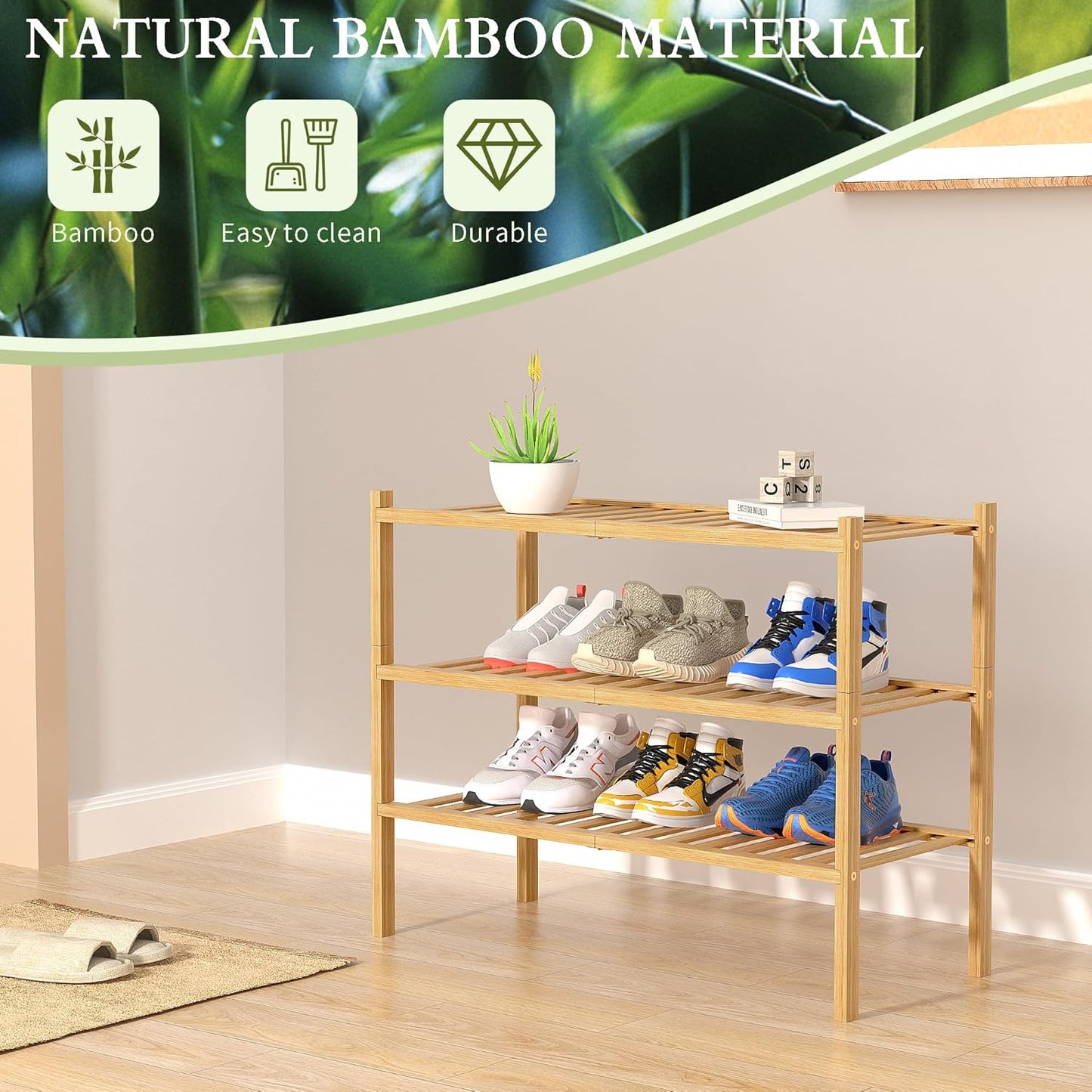 ROMGUAR CRAFT 3-Tier Bamboo Shoe Rack - Free Standing Wood Storage Organizer for Small Spaces | 27"x11"x20" (Natural)