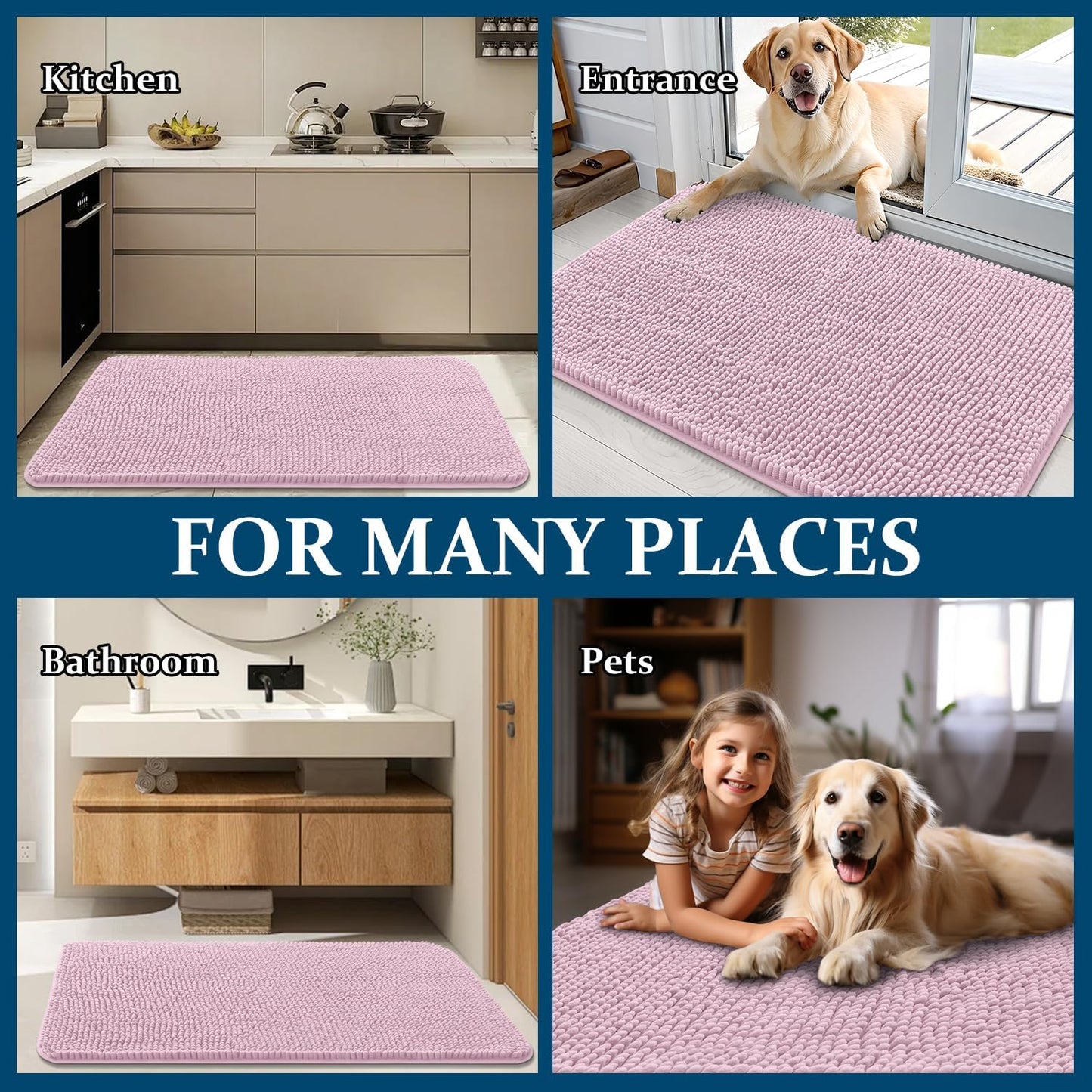 OLANLY Dog Door Mat - Absorbent Non-Slip Chenille Mat for Muddy Paws | 35x24, Quick Dry, Dusty Rose