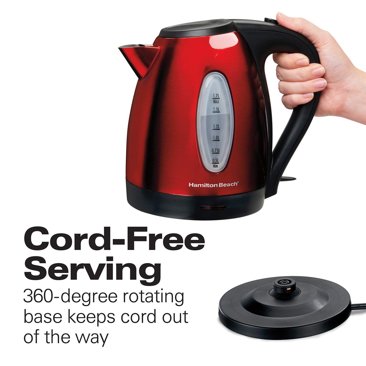 Hamilton Beach Electric Tea Kettle, Water Boiler & Heater, 1.7 Liter, Cordless Serving, 1500 Watts for Fast Boiling, Auto-Shutoff and Boil-Dry Protection, BPA-Free, Red (40885)