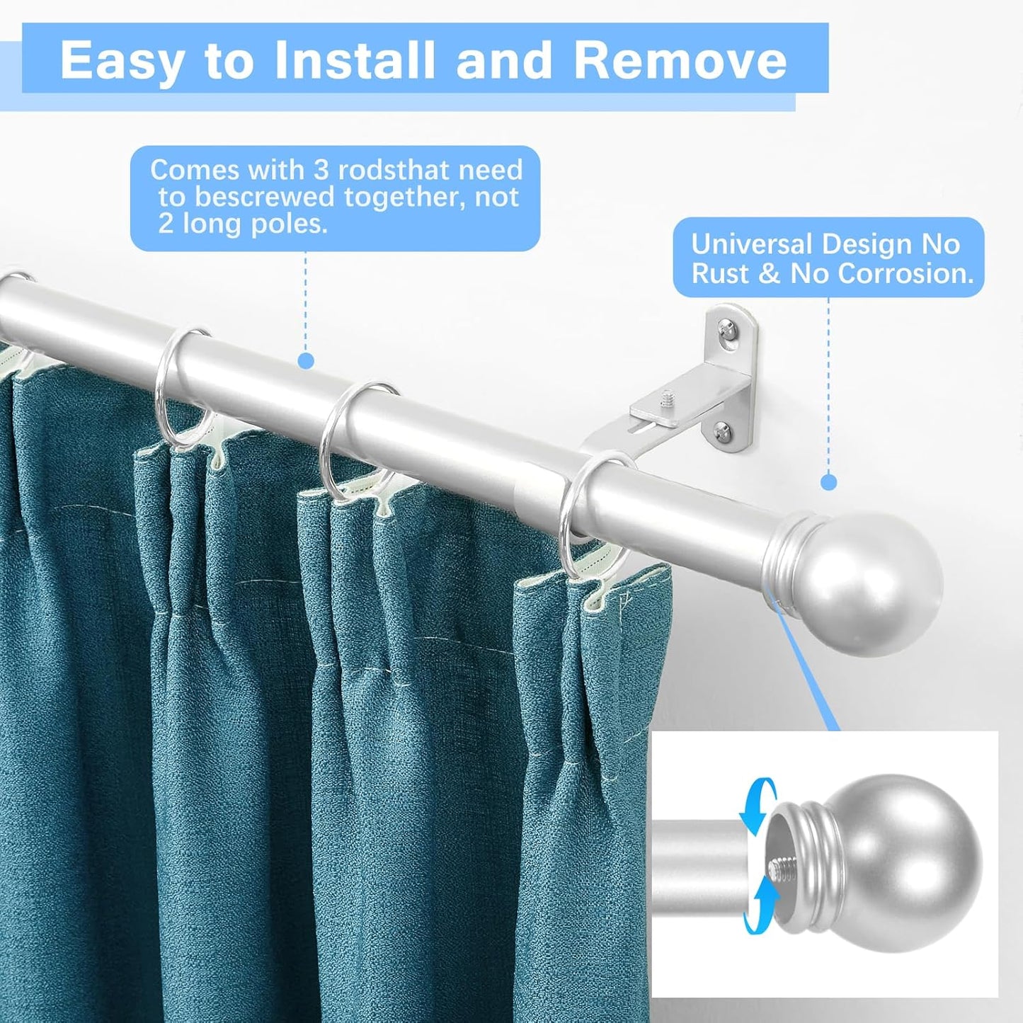 Max Adjustable Curtain Rods by [Brand Name] - 16 to 48 Inches | Satin Silver, 60-Inch Length, Round Finials