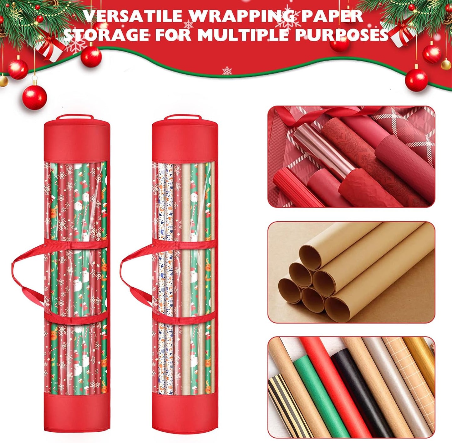 Skiennix Christmas Gift Wrapping Paper Organizer - Durable 600D Oxford Fabric | Holds 18-25 Rolls, 40 Inch, Red