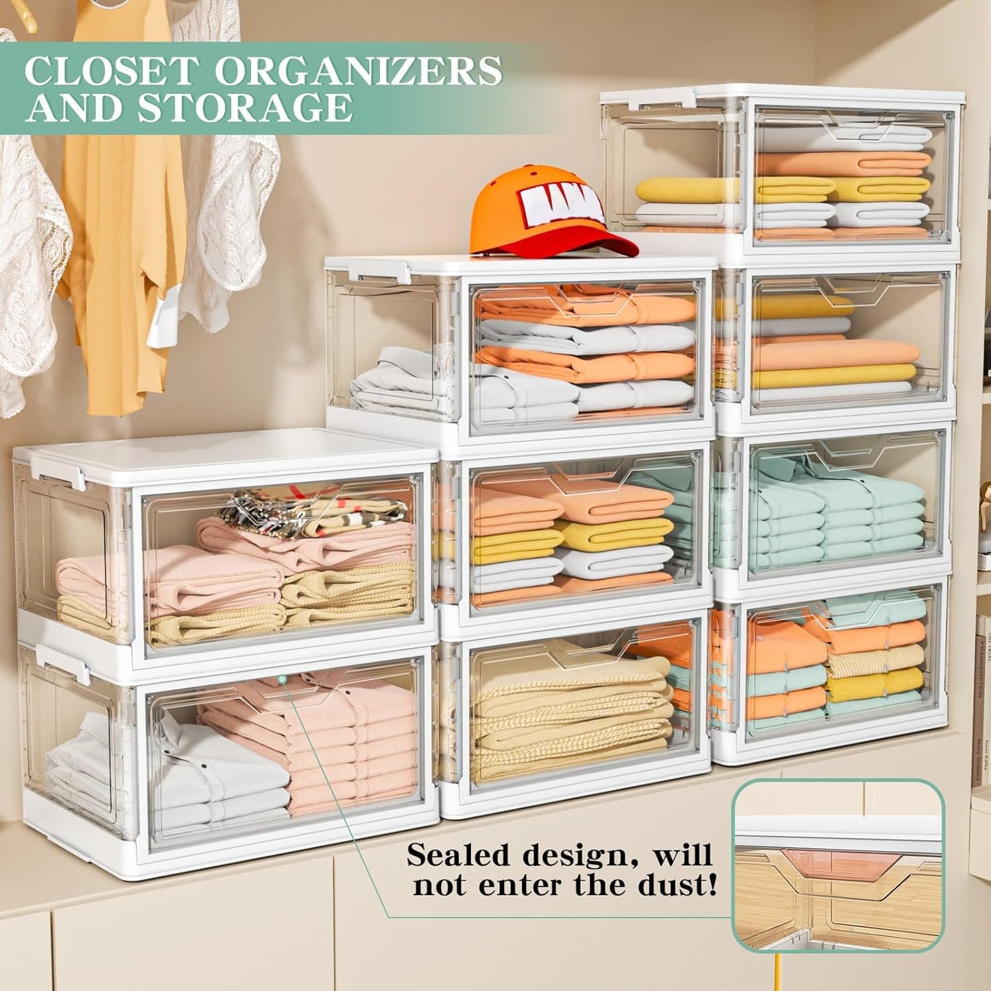 Kmiectse Clear Storage Bins - 4-Tier Stackable Plastic Bins with Lids & Wheels | 23 QT Closet Organizer for Bedroom & Living Room
