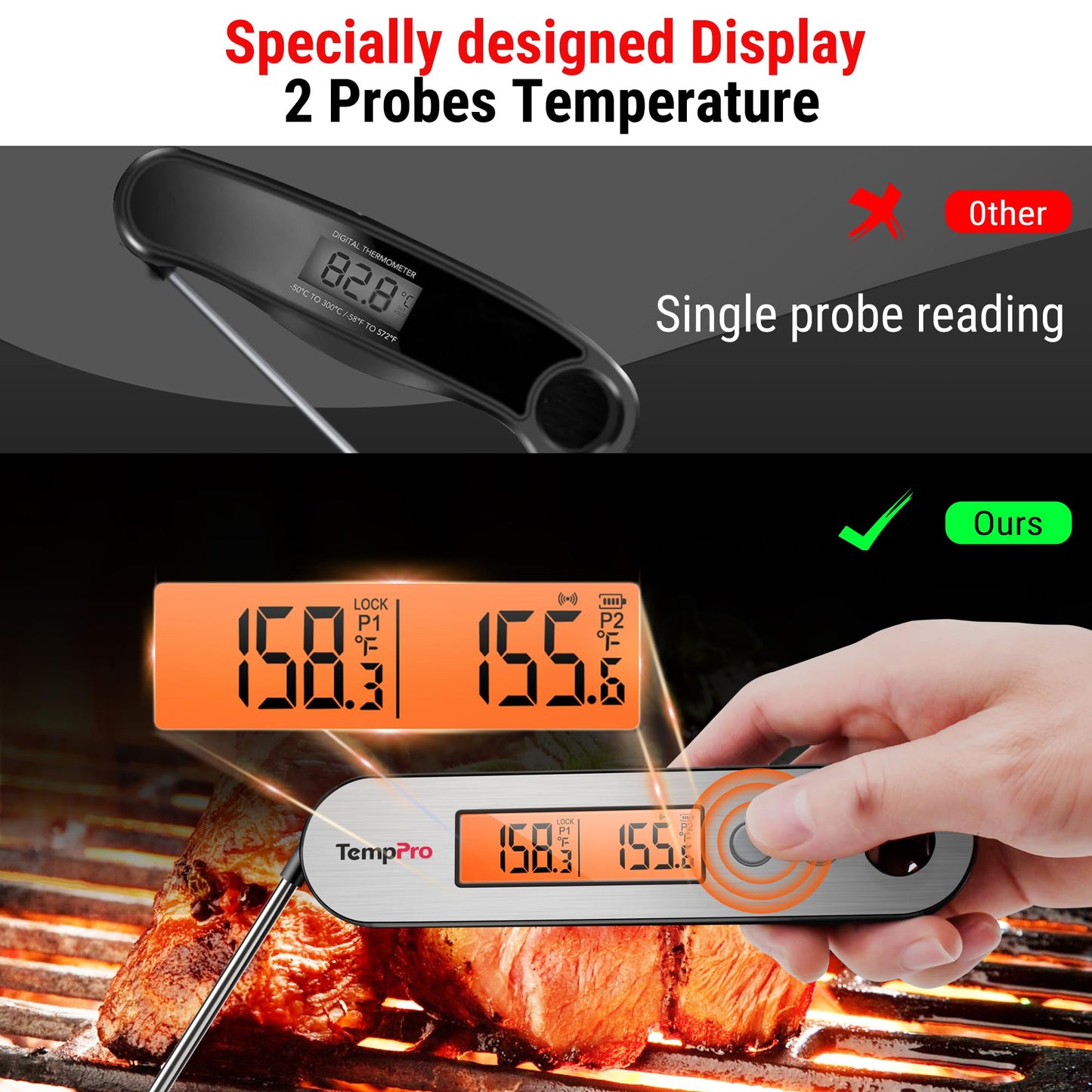 TempPro TP610 Rechargeable Instant Read Thermometer for Cooking, Stainless Steel Meat Thermometer Digital with Alarm, Waterproof Cooking Thermometer for Grill, Smoker, BBQ, Oven(Previously ThermoPro)
